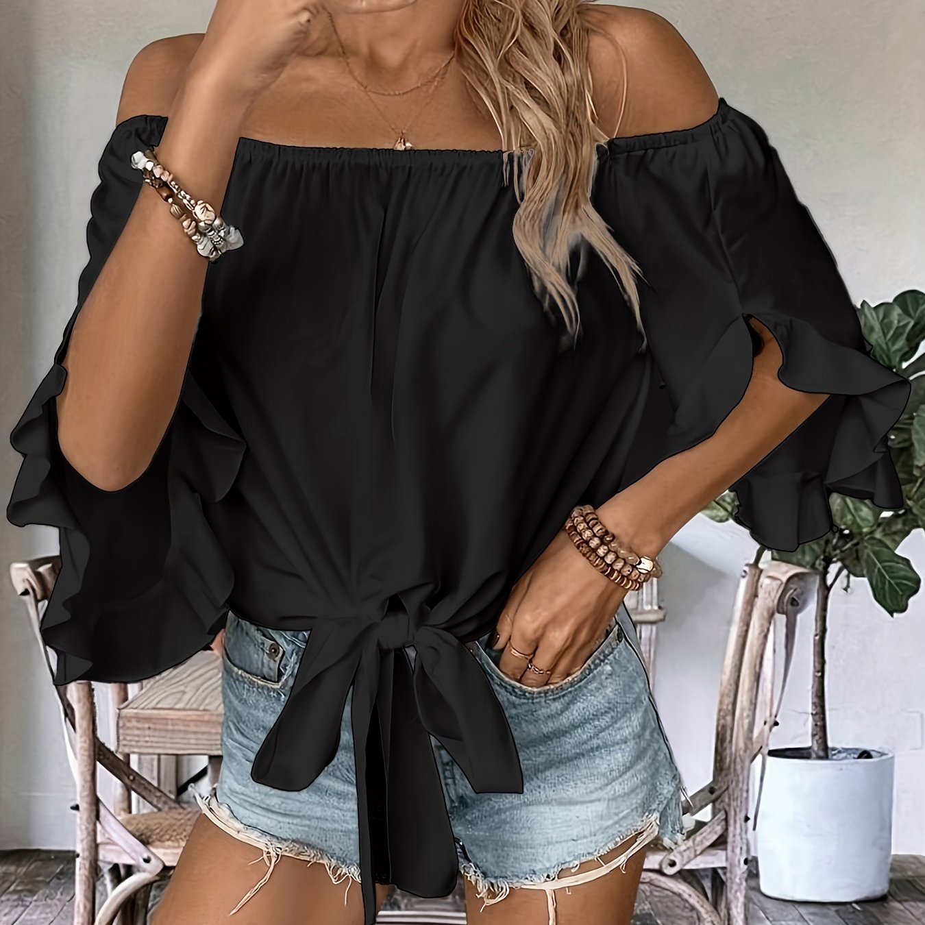 Women's Off-Shoulder Tie Front Ruffle Sleeve Blouse