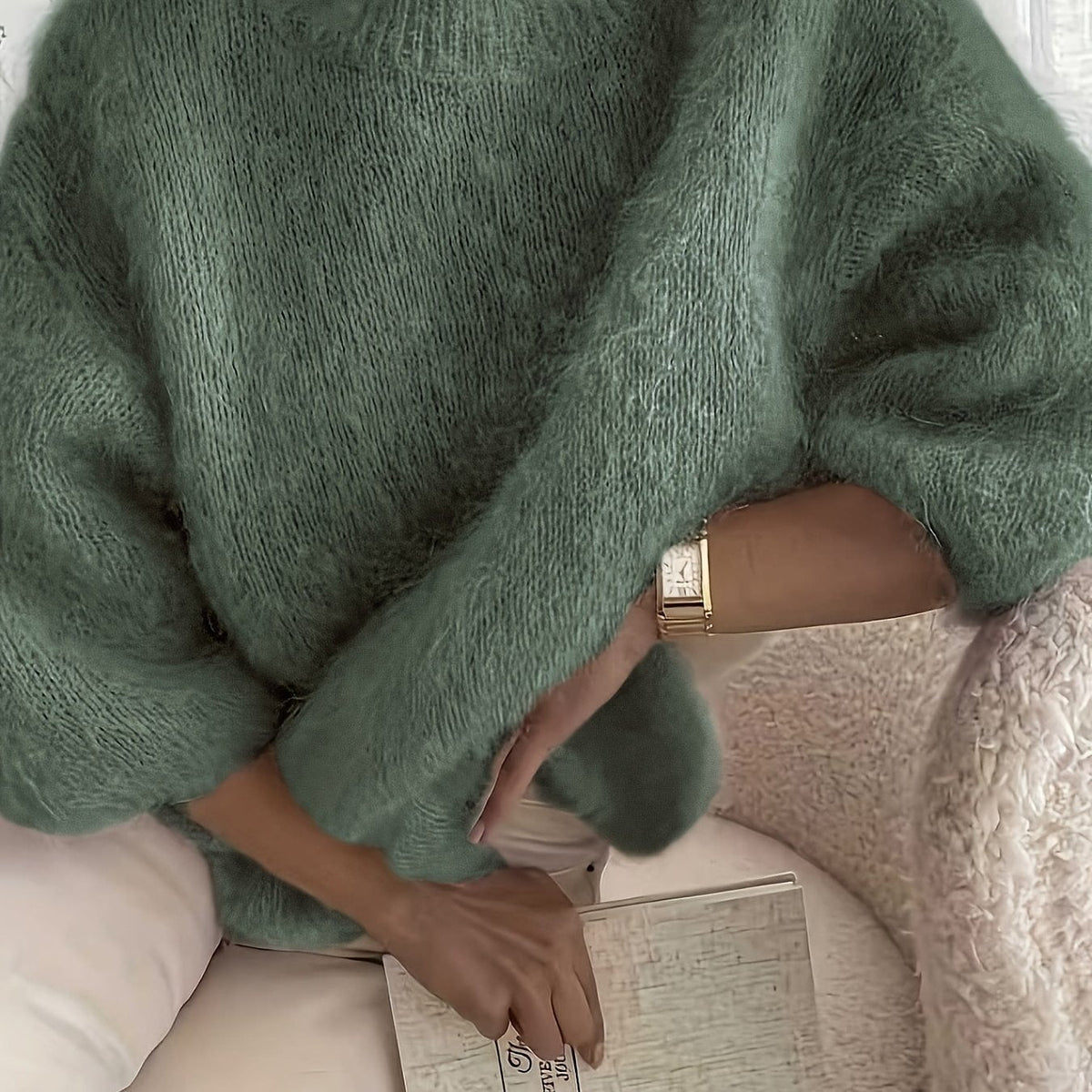 Suéter de punto esponjoso extragrande para mujer, con cuello redondo
