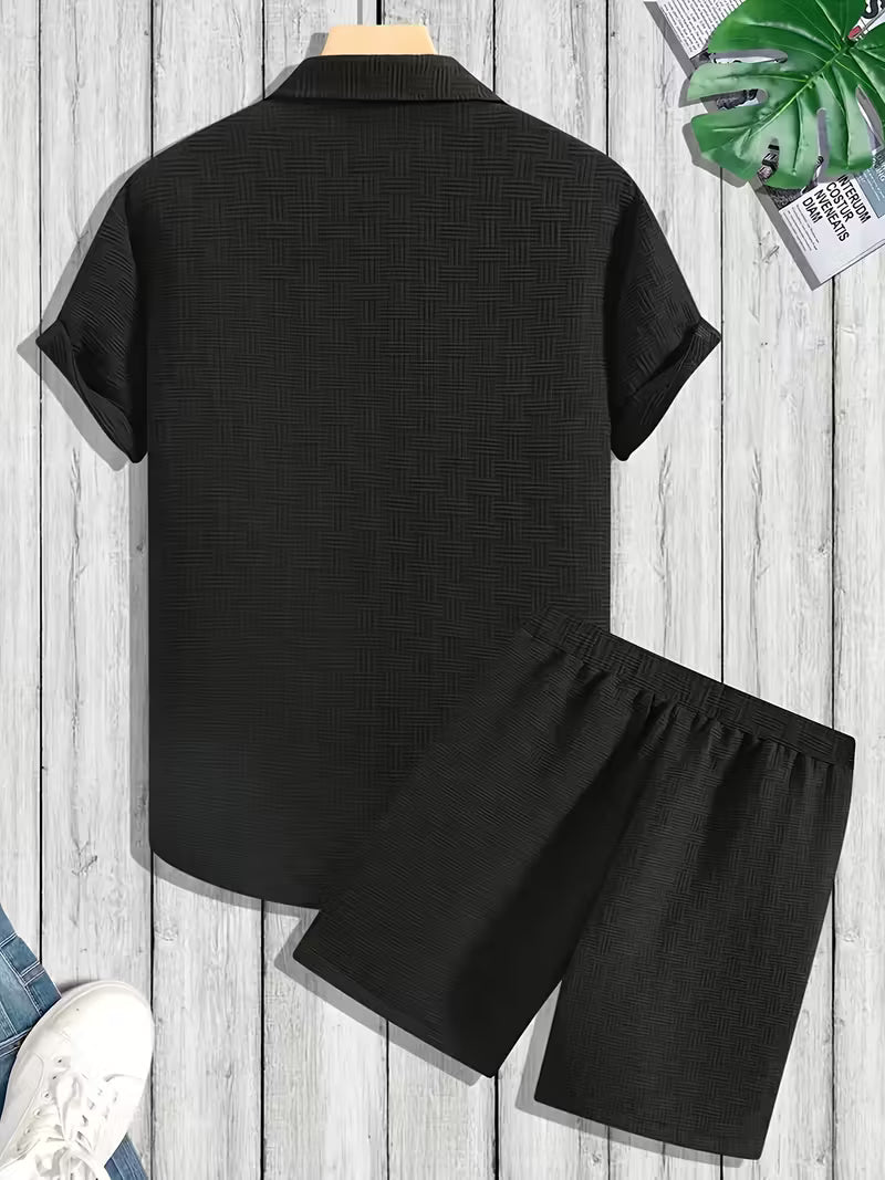 Men's Textured Button Front Shirt and Shorts Matching Set