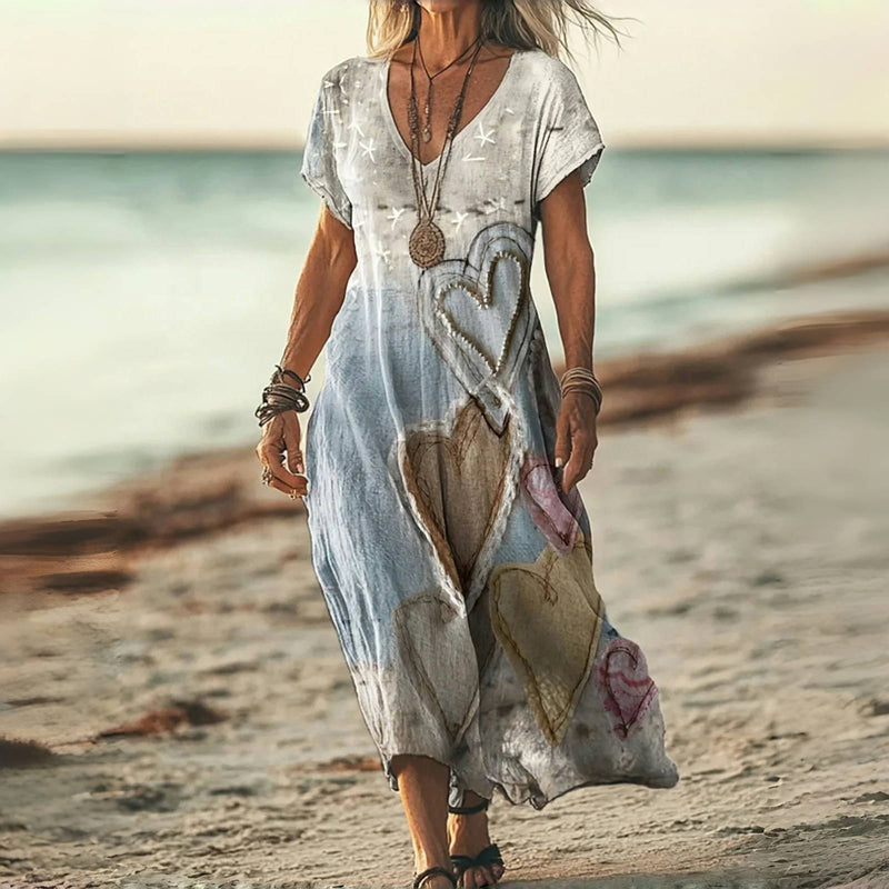 Women's Heart Print V-Neck Maxi Dress