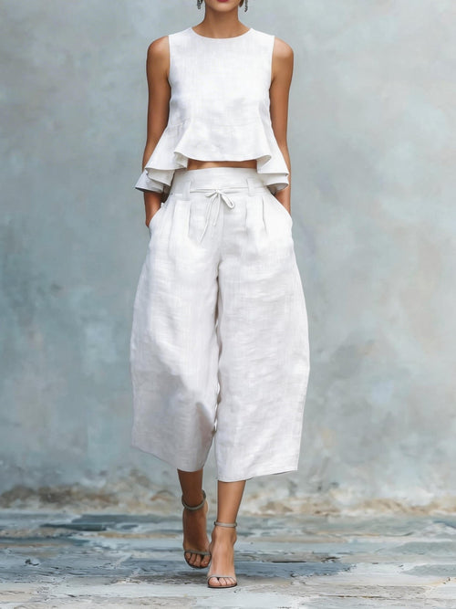 Ensemble deux pièces en lin pour femme avec top sans manches et pantalon large