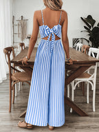 Women's Striped Wide-Leg Jumpsuit with Bow Back and V-Neck