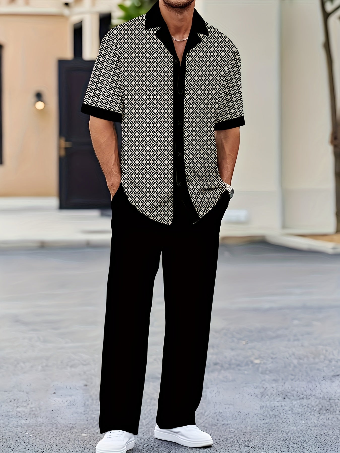 Men's Geometric Button-Up Shirt & Trousers Set