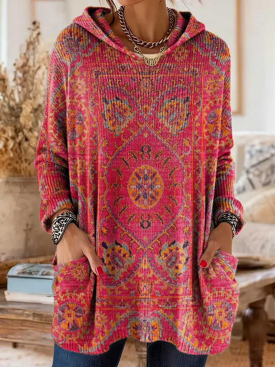 Pull tunique imprimé à capuche pour femme