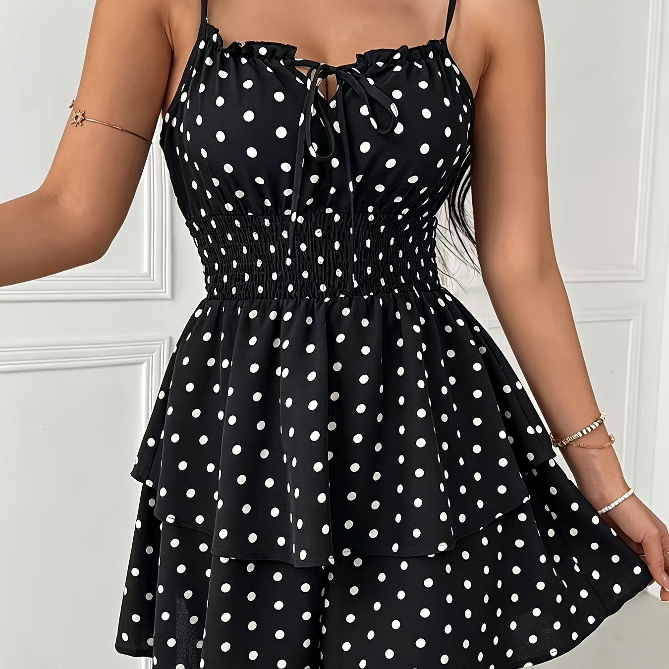 Women’s Polka Dot Playsuit with Shirred Waist and Frill Detailing