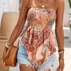 Women's Printed Smocked Strapless Handkerchief Hem Top