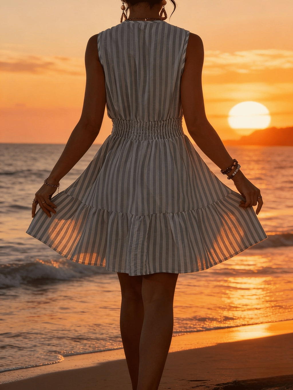 Women's Striped Midi Dress with Shirred Waist and Ring Strap Details