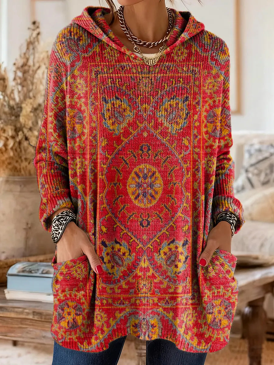 Naisten hupullinen kuviollinen tunikaneulepaita