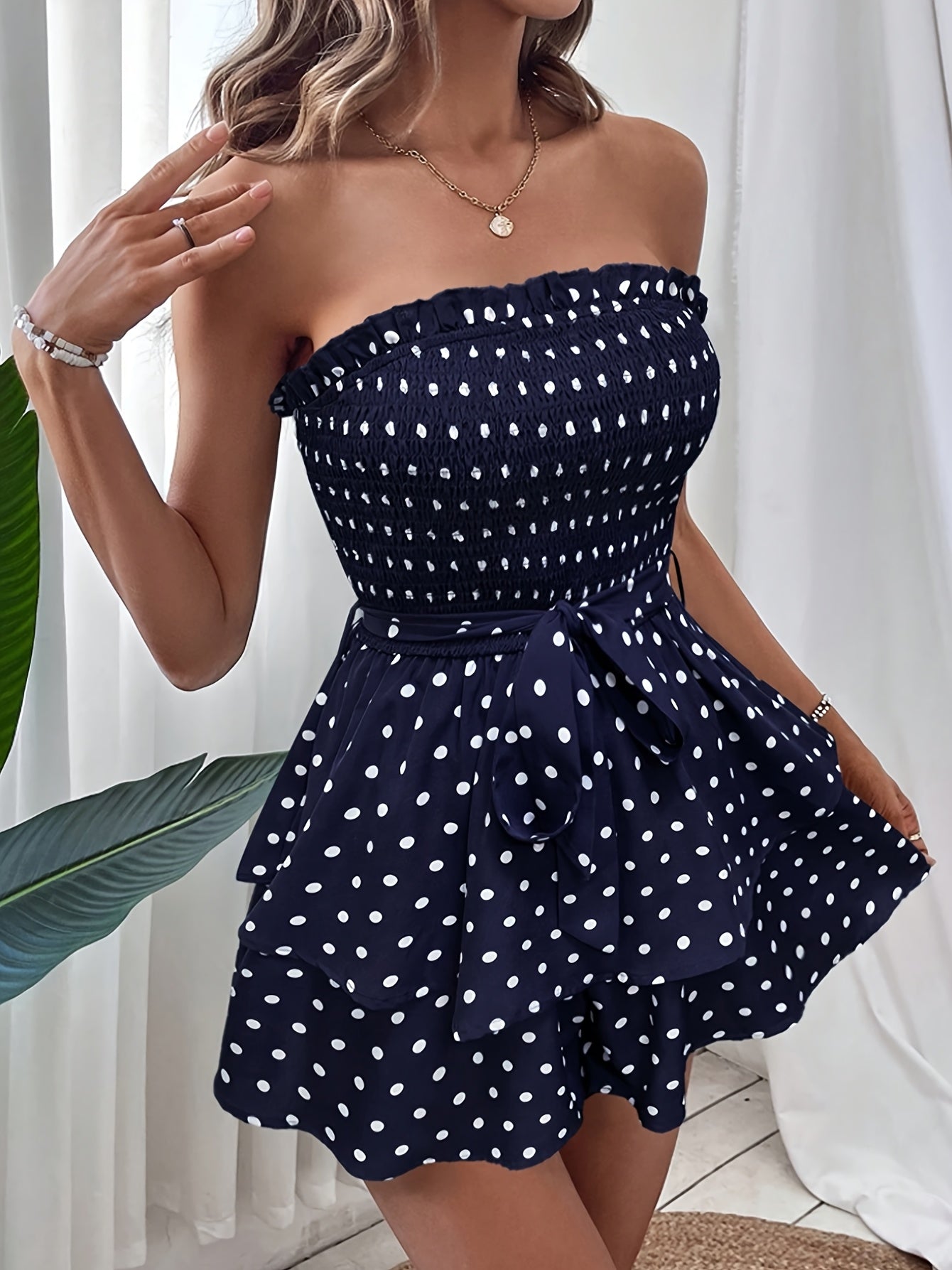 Women's Polka Dot Smocked Strapless Ruffle Romper