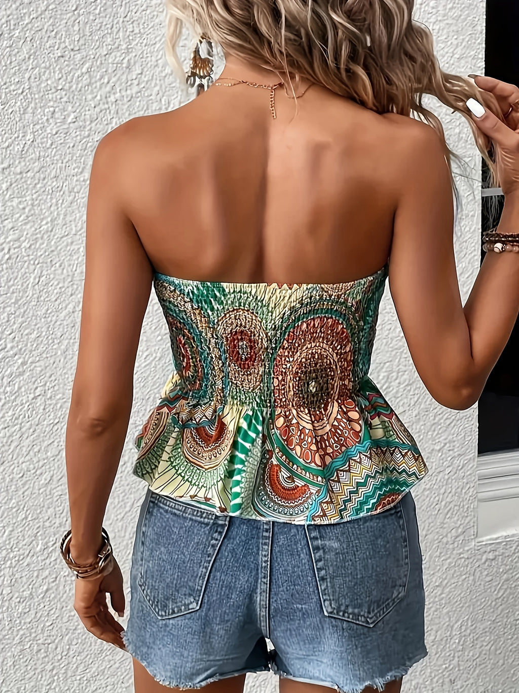Women's Printed Smocked Strapless Handkerchief Hem Top