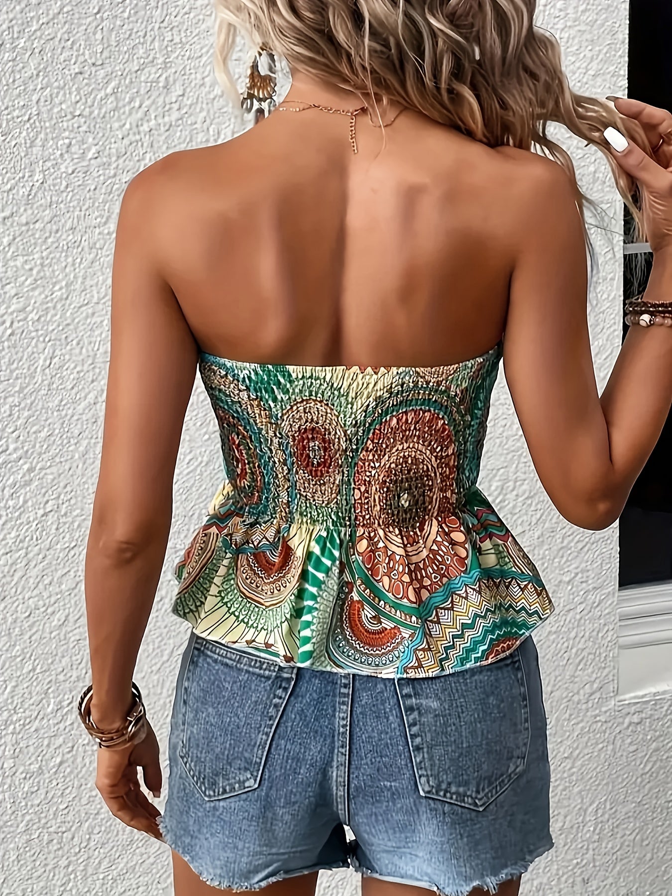 Women's Printed Smocked Strapless Handkerchief Hem Top