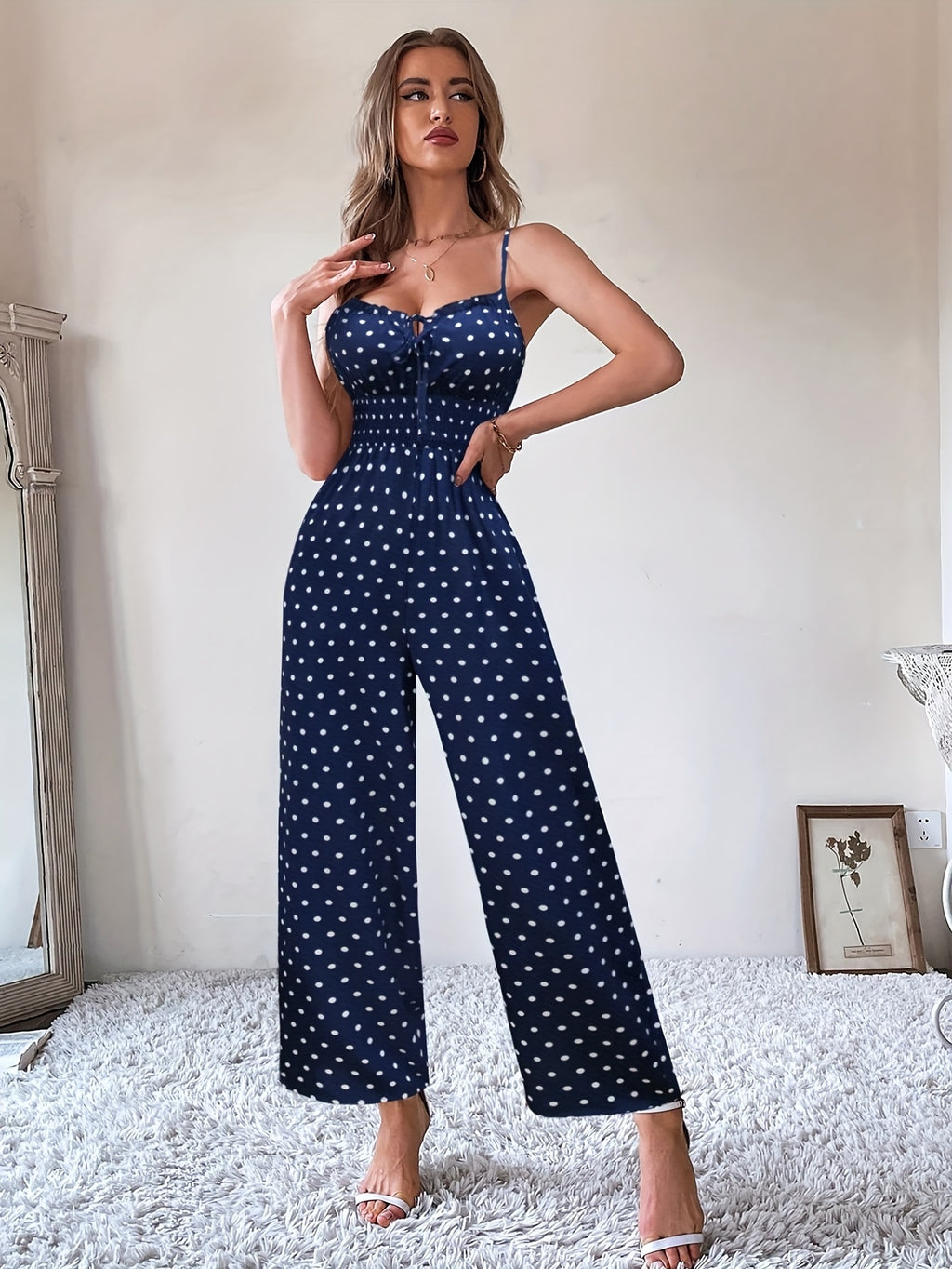Women's Polka Dot Smocked Waist Wide Leg Jumpsuit