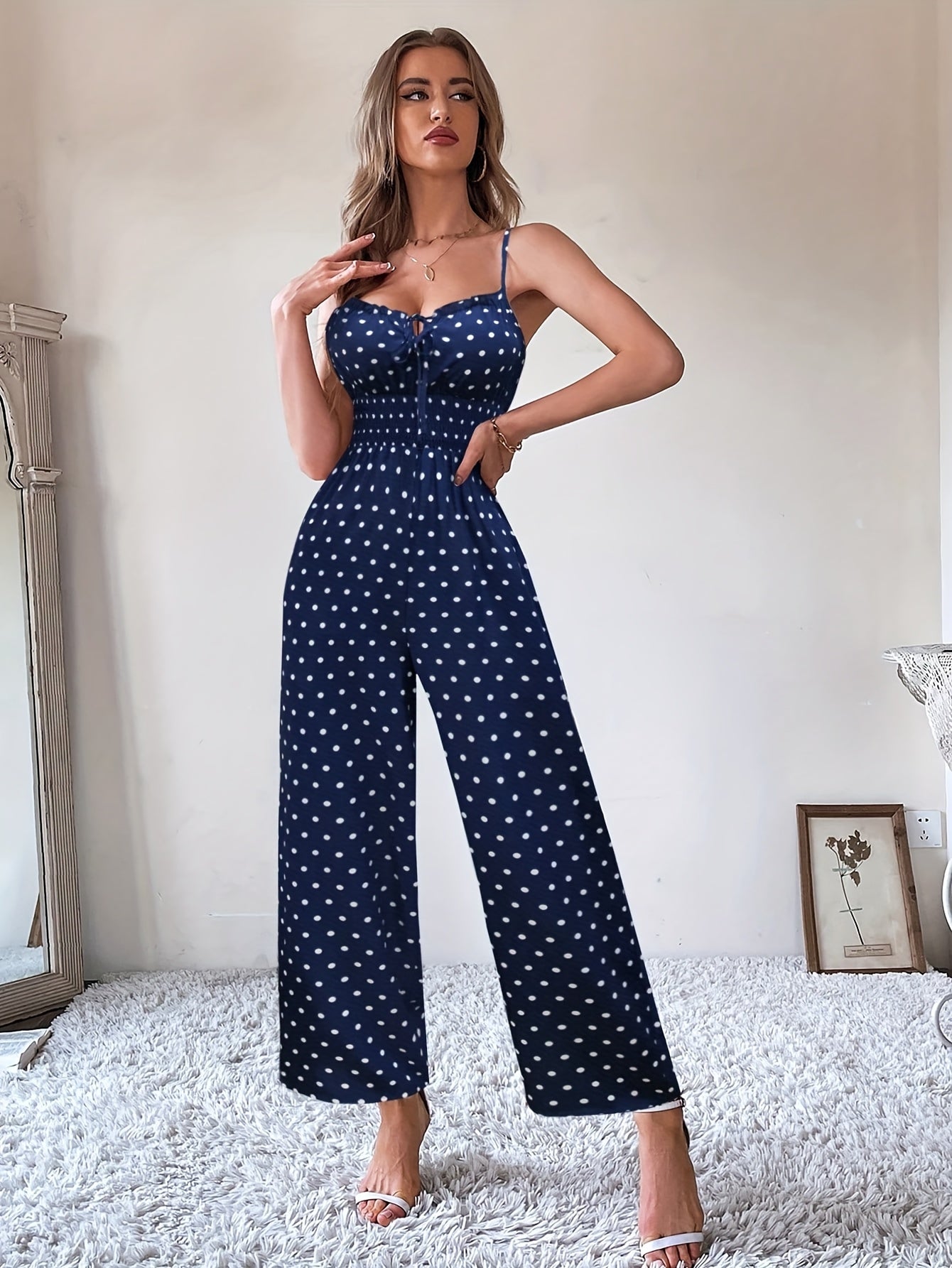 Women's Polka Dot Smocked Waist Wide Leg Jumpsuit