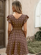 Women's Textured Midi Dress with Shirred Waist and Flutter Sleeves