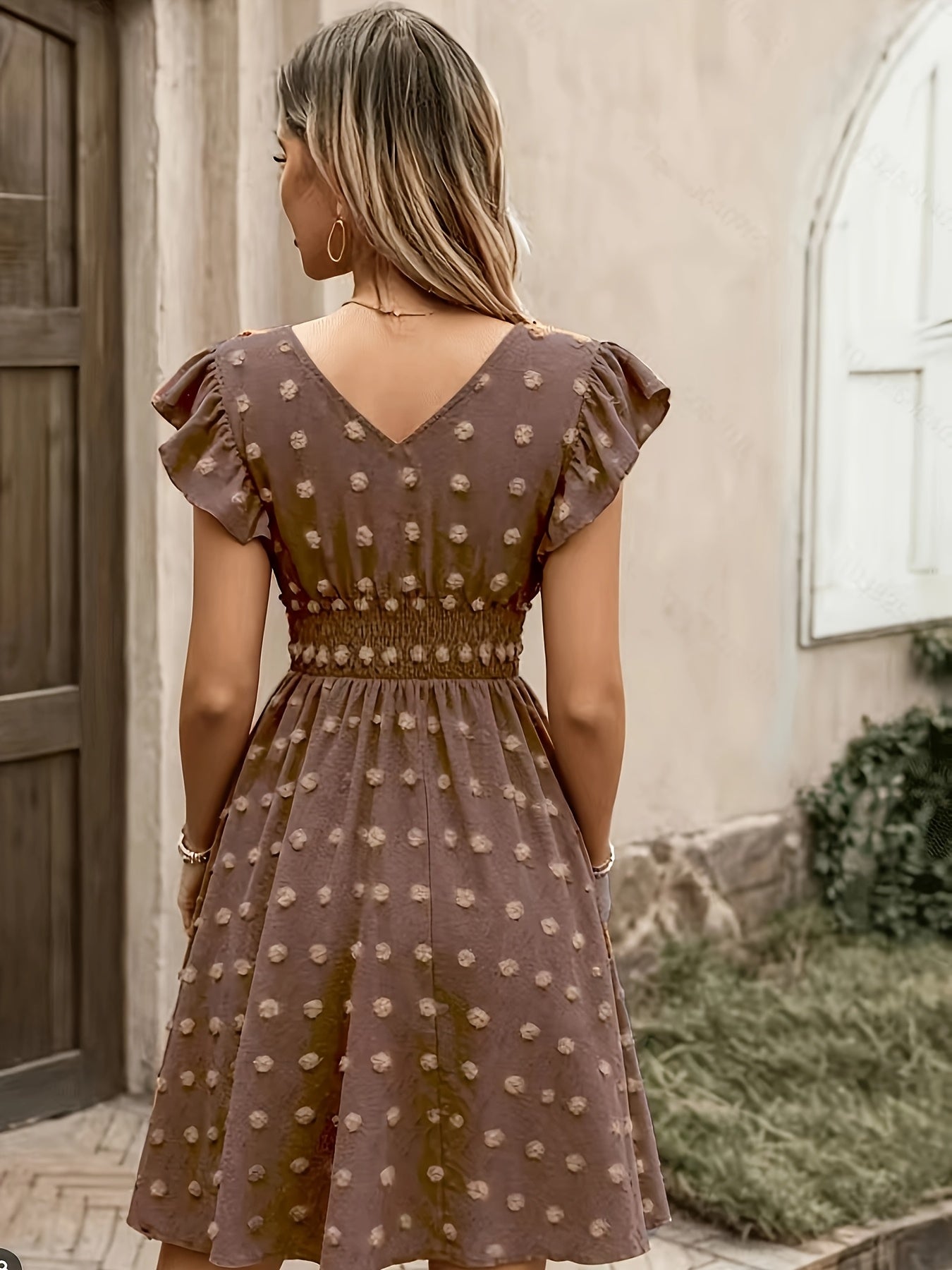 Women's Textured Midi Dress with Shirred Waist and Flutter Sleeves