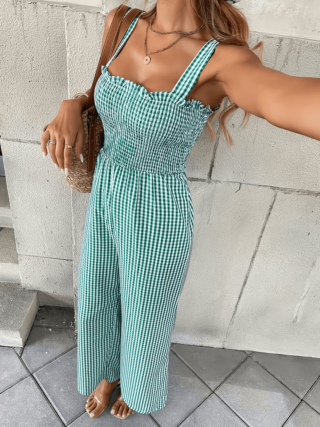 Women's Plaid Wide-Leg Jumpsuit with Shirred Bodice and Frill Detail
