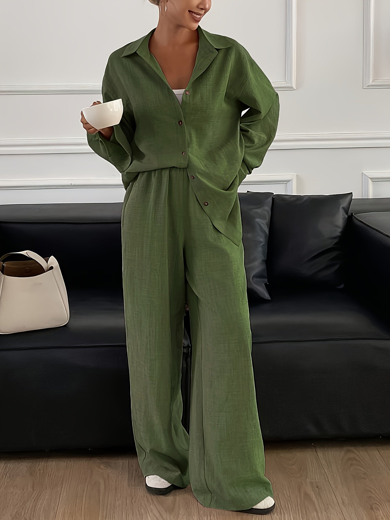 Women's Relaxed Button-Up Shirt and Wide Leg Pants Two-Piece Set