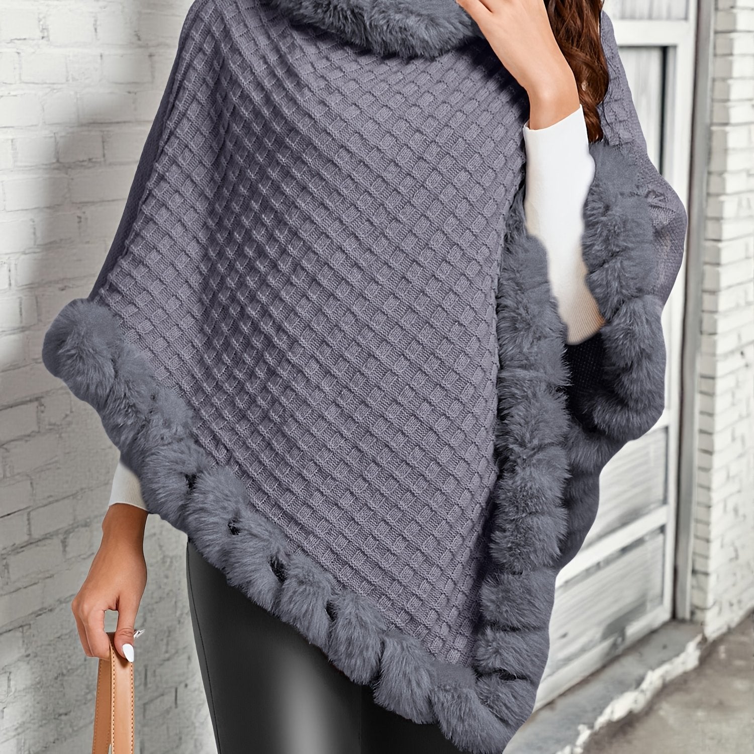 Women’s Faux-Fur Trim Knitted Poncho