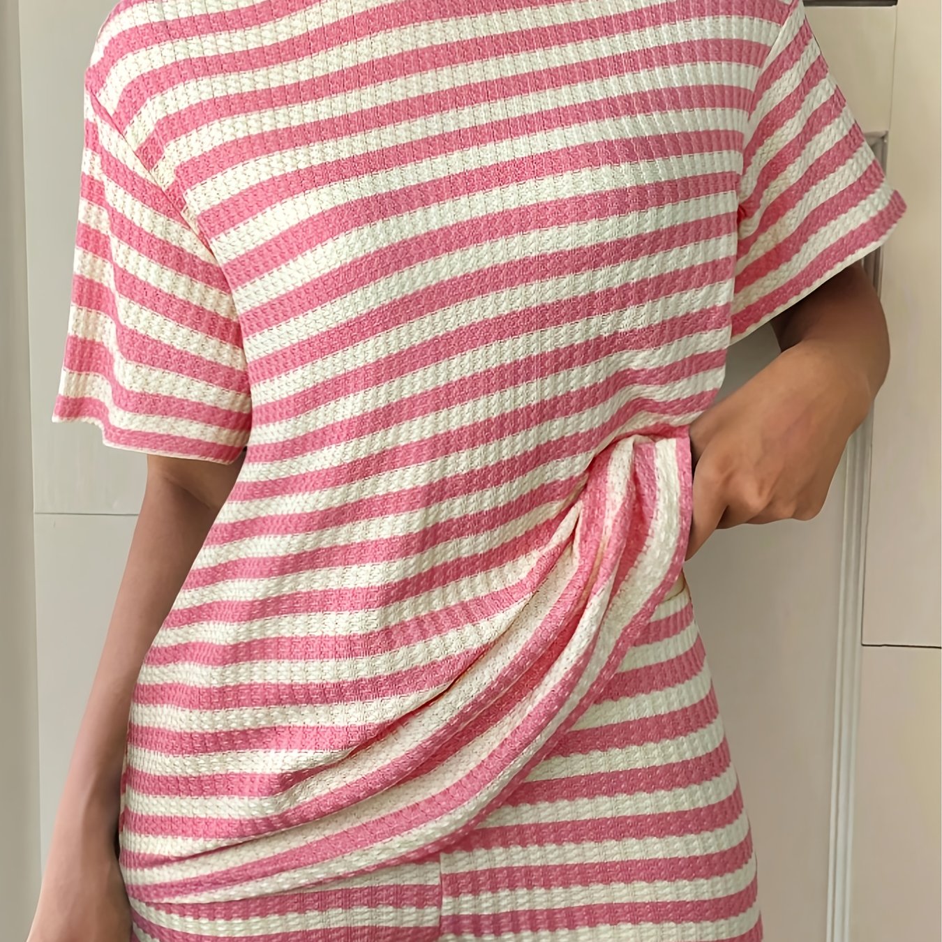 Women's Textured Stripe Lounge Set With Short Sleeve Top And Shorts