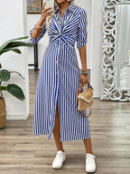 Women's Striped Midi Shirt Dress with Twist Waist and Button Front