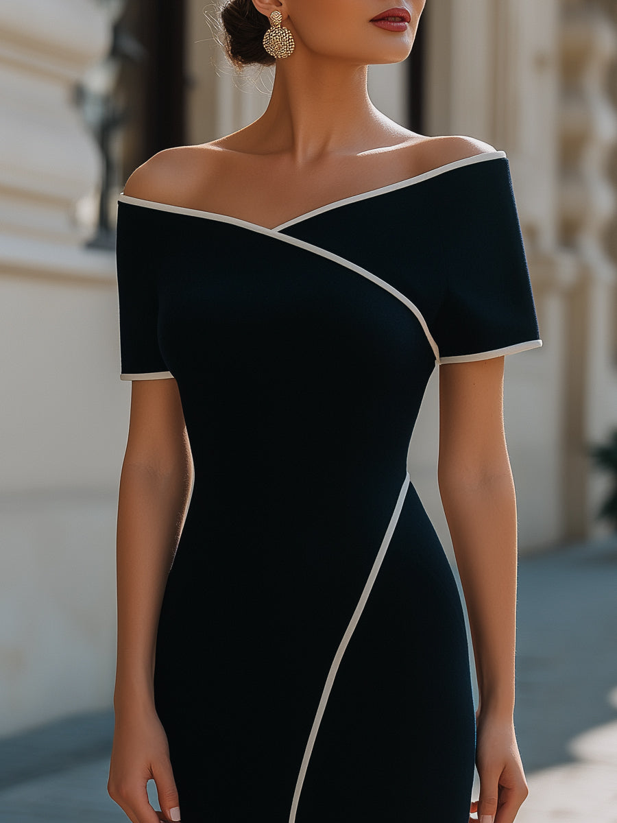 Damen-Midikleid mit kontrastfarbenem Besatz und Carmen-Ausschnitt