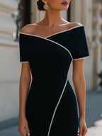 Damen-Midikleid mit kontrastfarbenem Besatz und Carmen-Ausschnitt