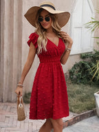 Women's Textured Midi Dress with Shirred Waist and Flutter Sleeves