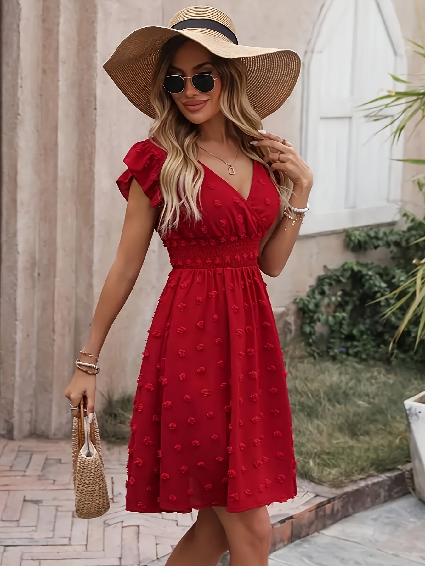 Women's Textured Midi Dress with Shirred Waist and Flutter Sleeves