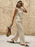 Damen Set aus gestreiftem ärmellosem Crop-Top und weitem Hosenbein