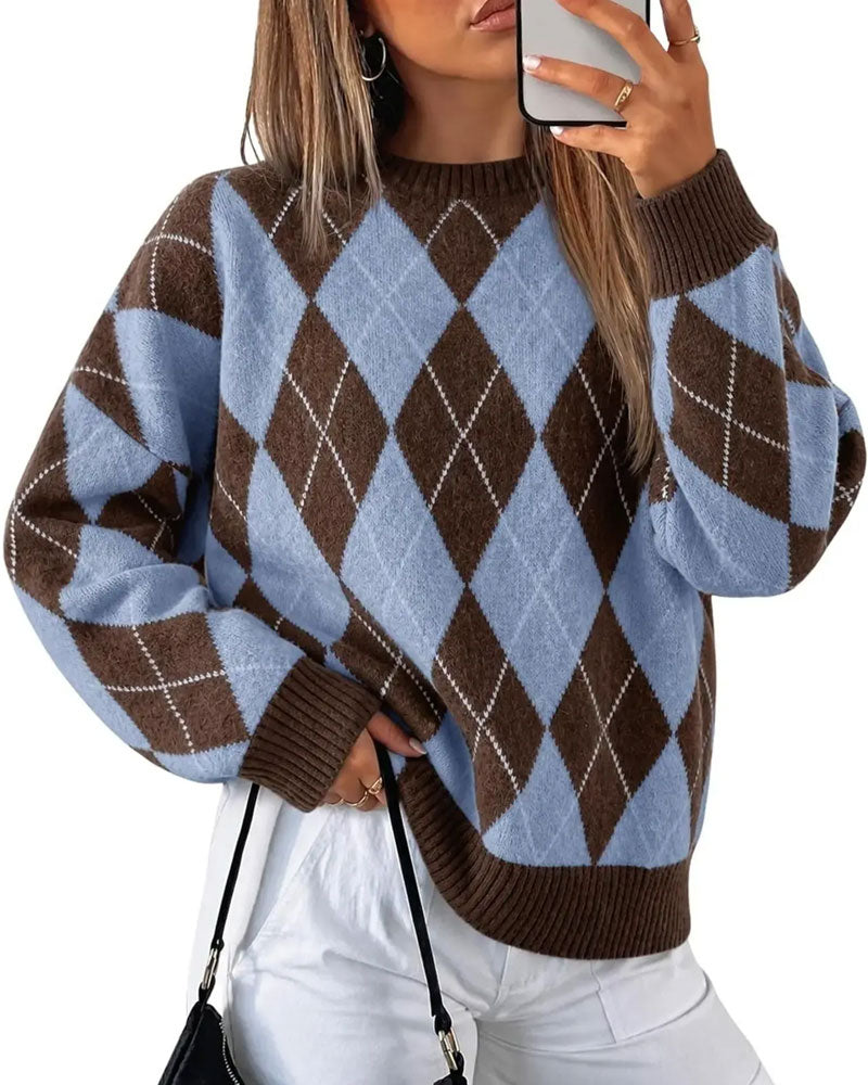 Pull à col rond pour femme à motif losanges