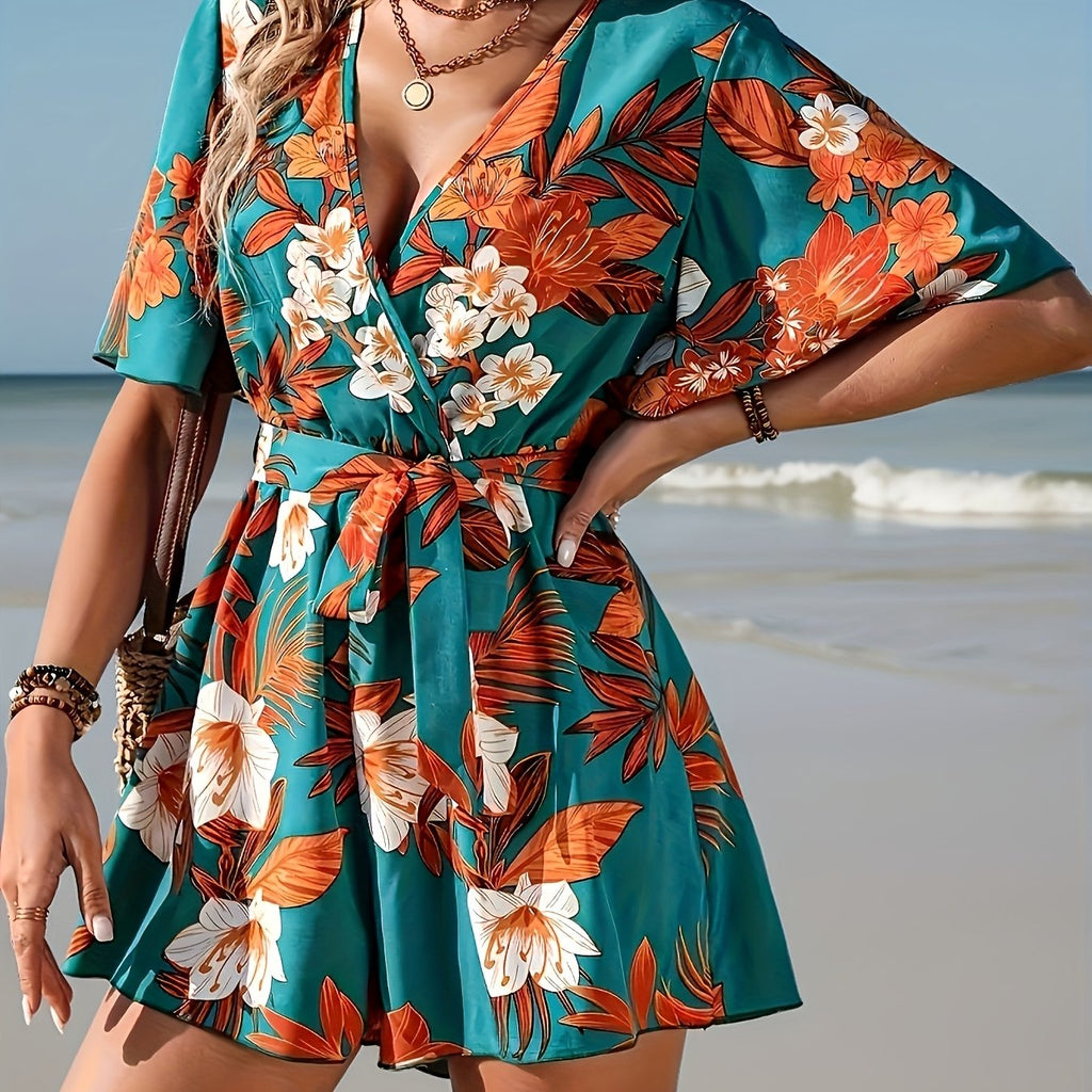 Women's Tropical Floral Belted Short Sleeve Romper