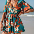 Damen Tropischer Blumenprint Kurzarm Jumpsuit mit Gürtel