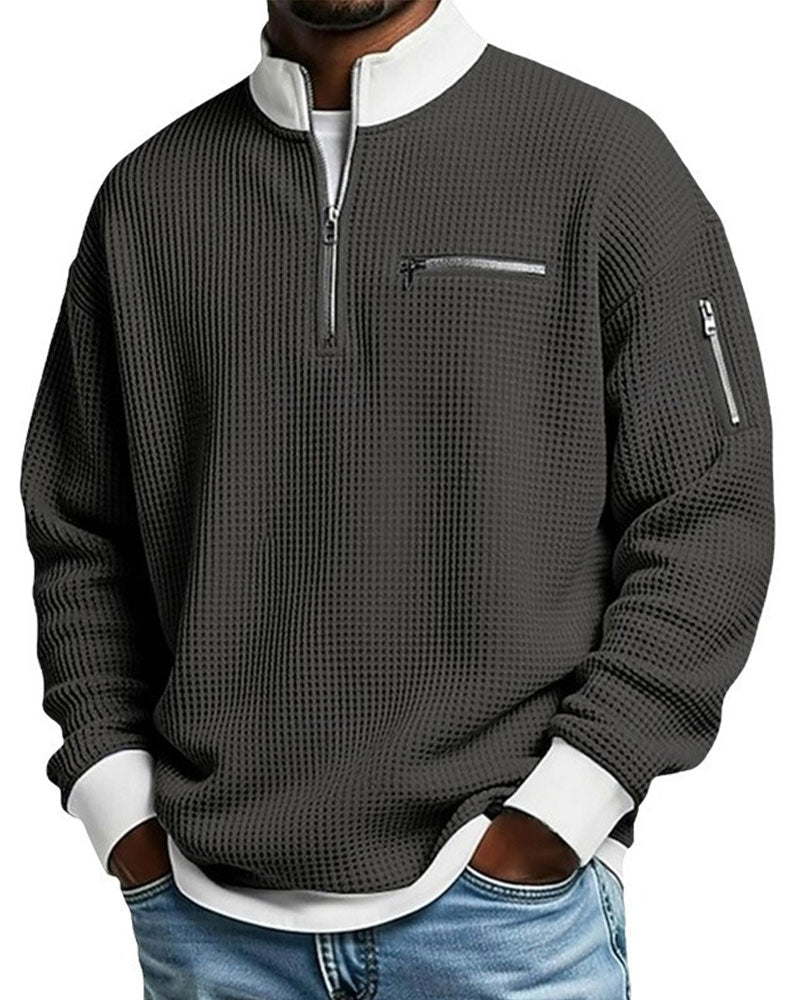 Pullover da uomo con texture waffle e cerniera a un quarto