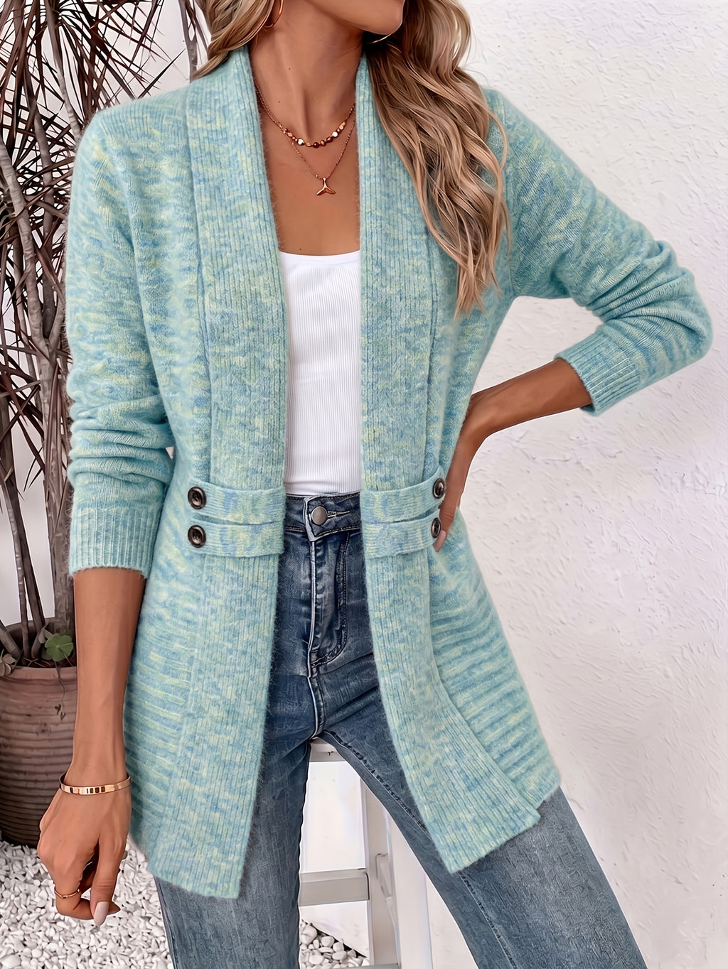 Women's Open Front Shawl Collar Knit Cardigan Sweater