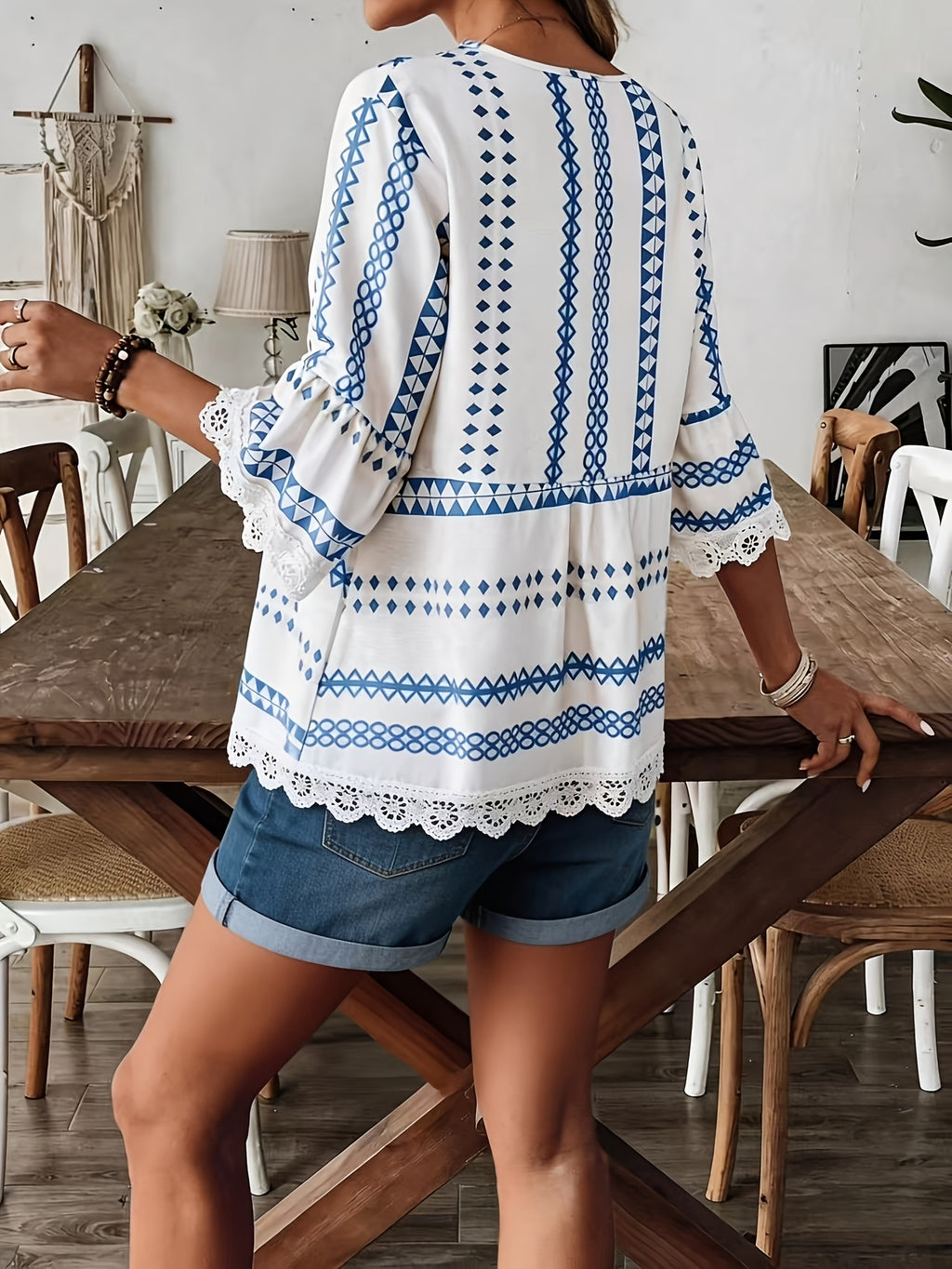 Women's Geometric V-Neck Blouse with Lace Trim and Three-Quarter Sleeves