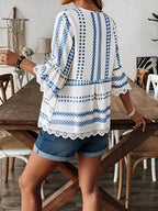 Women's Geometric V-Neck Blouse with Lace Trim and Three-Quarter Sleeves