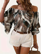 Women’s Off-Shoulder Printed Blouse with Relaxed Flowing Sleeves