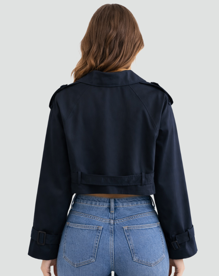 Women's Cropped Trench Jacket with Belted Waist and Tailored Fit