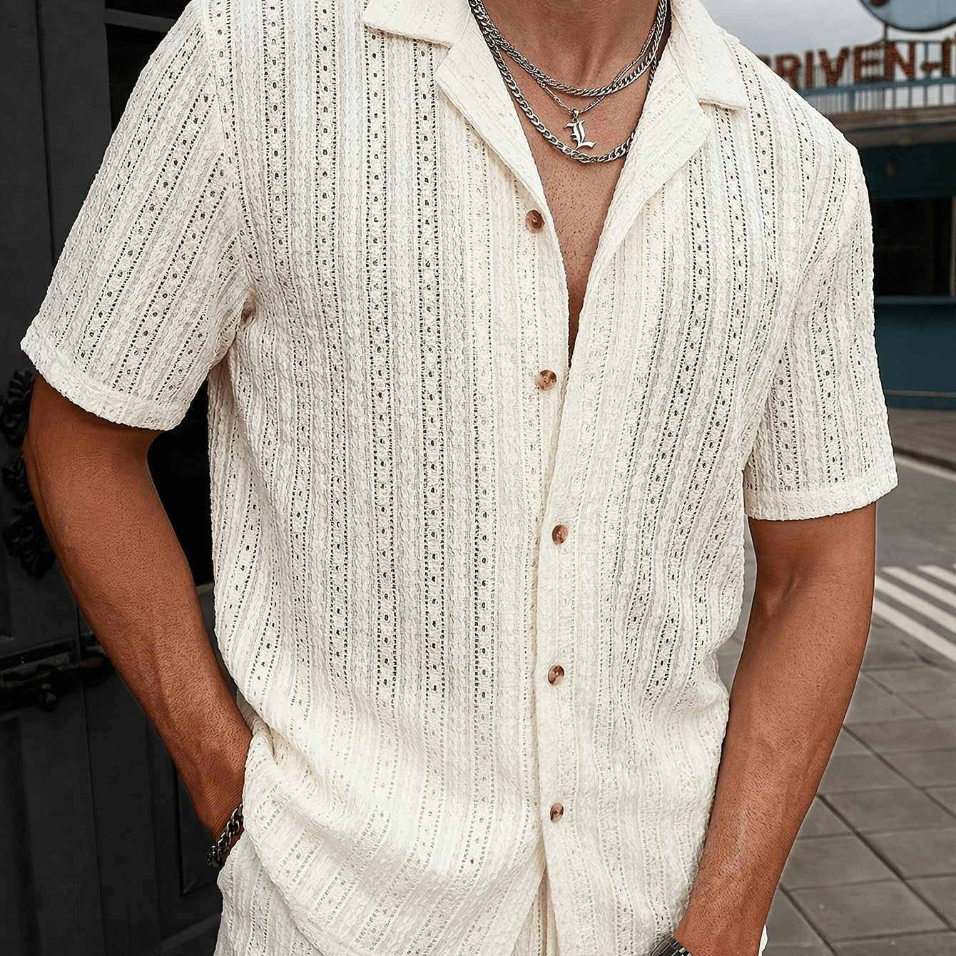 Men's Textured Open Knit Button-Up Resort Shirt