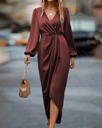 Damen Wickel-Midikleid mit drapiertem Taillenbereich und langen Ärmeln für elegante Anlässe