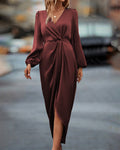 Damen Wickel-Midikleid mit drapiertem Taillenbereich und langen Ärmeln für elegante Anlässe