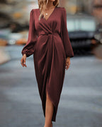 Damen Wickel-Midikleid mit drapiertem Taillenbereich und langen Ärmeln für elegante Anlässe