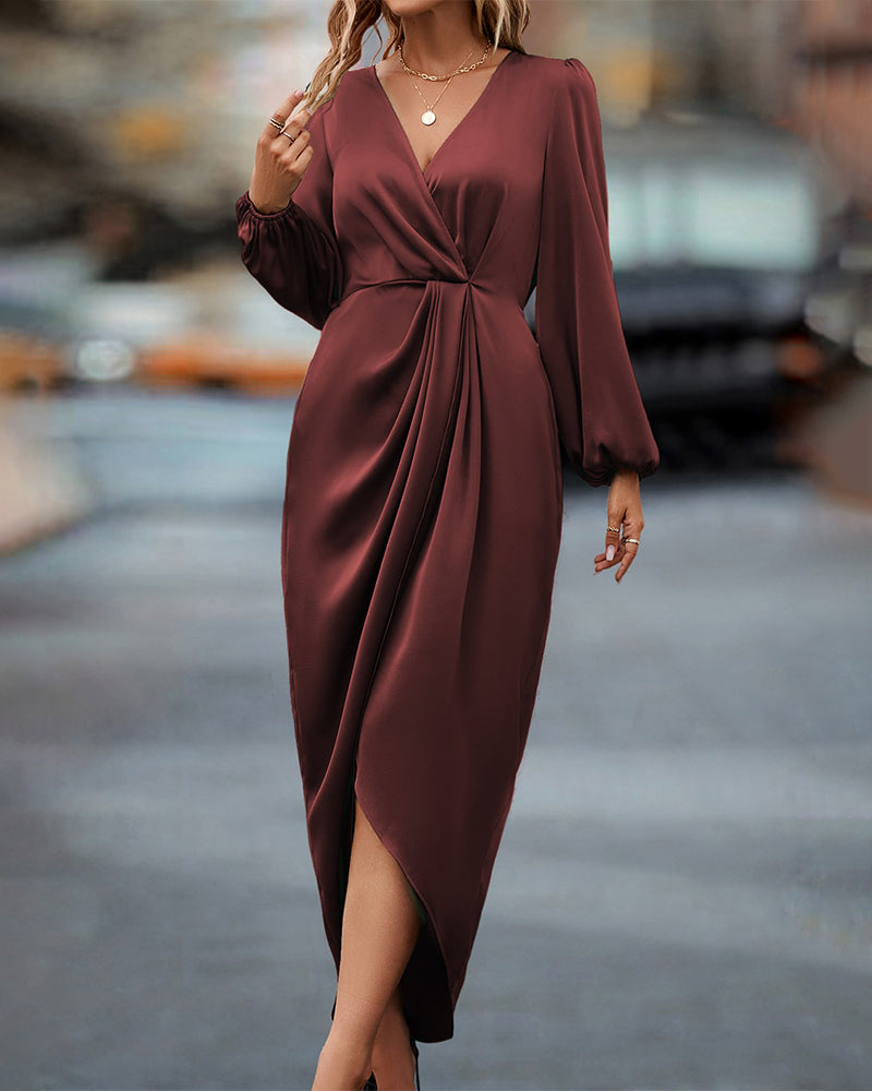 Damen Wickel-Midikleid mit drapiertem Taillenbereich und langen Ärmeln für elegante Anlässe