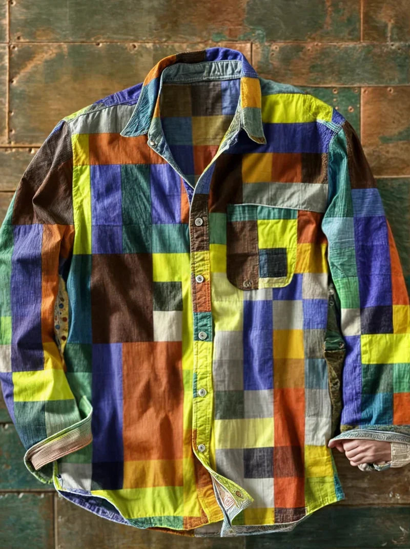 Herrenhemd mit Patchwork-Karomuster und Knopfleiste