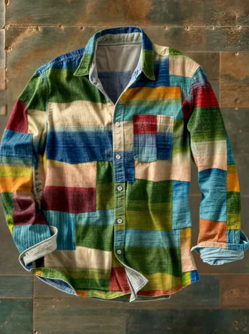 Herrenhemd mit Patchwork-Karomuster und Knopfleiste