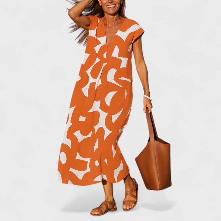 Women’s Abstract Print V-Neck Maxi Dress