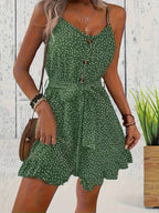 Women's Polka Dot Romper with Button Front and Adjustable Waist Tie