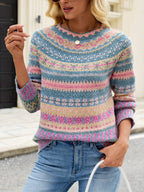 Strikket sweater med Fair Isle-mønster og rund hals til kvinder