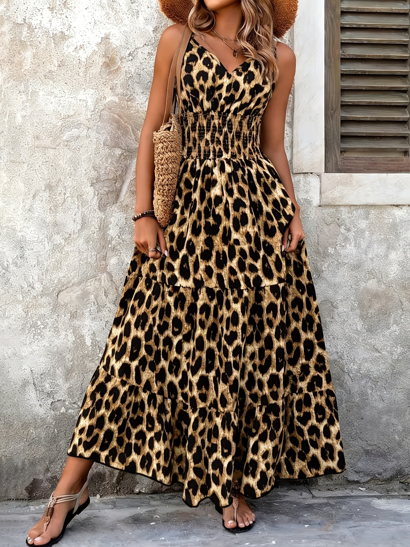 Women's Leopard Print Smocked Waist Maxi Dress
