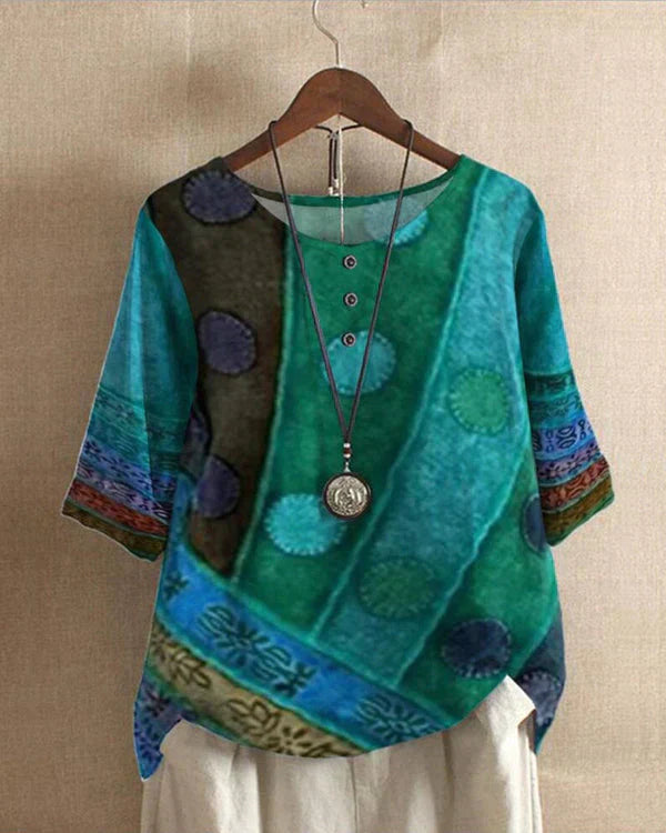 Women Artistic Patchwork Blouse with Relaxed Fit and Breathable Comfort